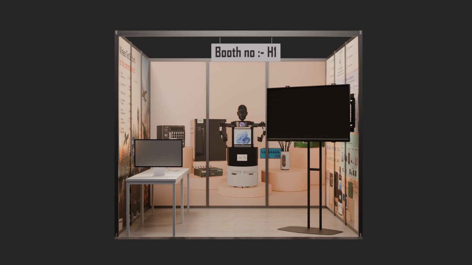 Candela Booth H1 with LANforge test equipment, a robot and demonstration screens
